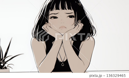 ため息をつく若い女性（シンプルな色使い）