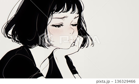 ため息をつく若い女性（シンプルな色使い）