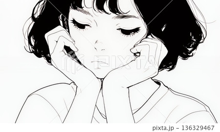 ため息をつく若い女性（シンプルな色使い）