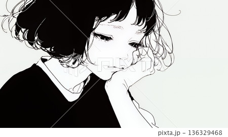 ため息をつく若い女性（シンプルな色使い）