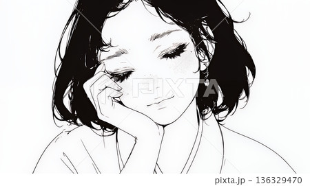 ため息をつく若い女性（シンプルな色使い）