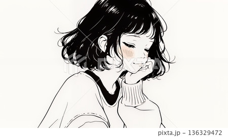 ため息をつく若い女性（シンプルな色使い）