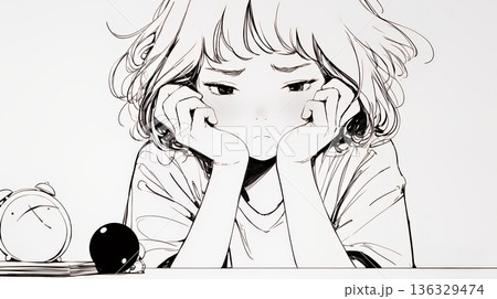 ため息をつく若い女性（シンプルな色使い）