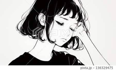 ため息をつく若い女性（シンプルな色使い）