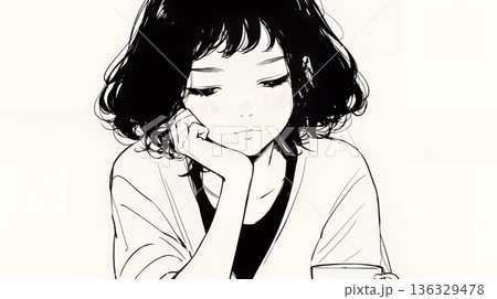 ため息をつく若い女性（シンプルな色使い）