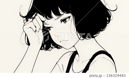 ため息をつく若い女性（シンプルな色使い） 136329483