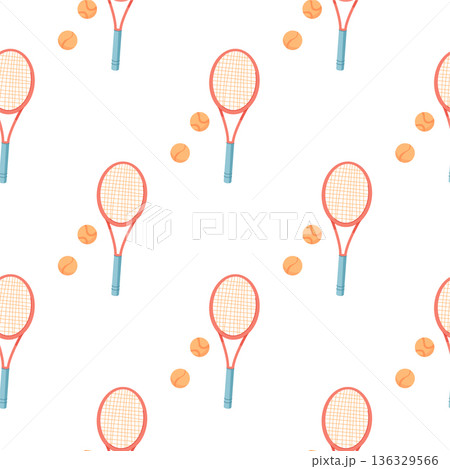 Colorful seamless pattern with tennis rackets and balls. Flat design celebrating equipment and activity of the sport. Perfect for texture, fitness decor, workout wallpaper, or gym fabric concepts. 136329566