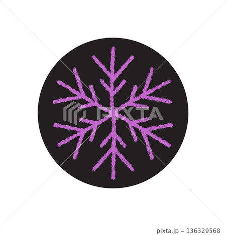 Purple chalk snowflake sticker ornament on black circle lid. Frost and icy chill for winter package. Holiday xmas element decorates cold season product, unique snow flake accent for festive 136329568