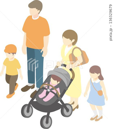 アイソメトリックで描いた家族のイラストセット　ライフプラン　家庭　住宅　福祉　保険　暮らし　デザイン 136329679