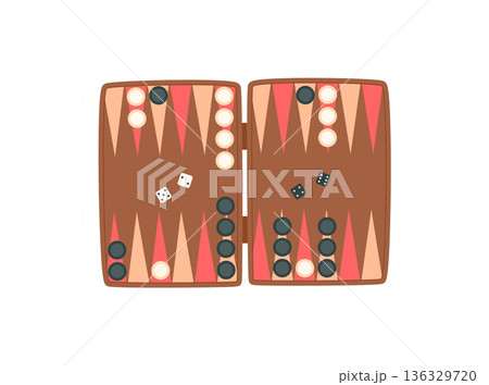 Flat backgammon sticker with dice, pieces, and pawns. Iconic boardgame for strategy and fun, featuring classic wooden table design. Suitable for family recreation, playful tournaments, hobby 136329720