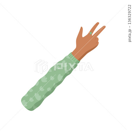 Cartoon hand gesture showing three fingers. Human hand with palm up and green sleeve expresses the number three. Flat style design for counting and education concepts. 136329722