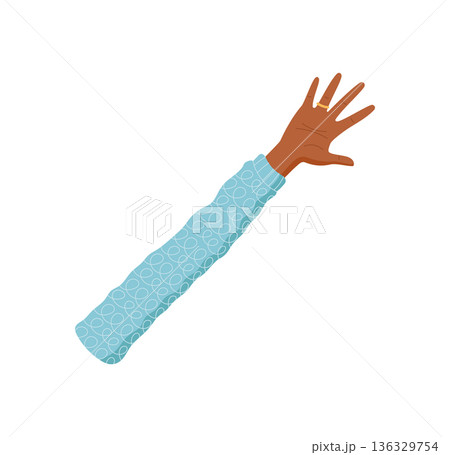 Flat cartoon hand showing number five. Open palm gesture with visible fingers, signal for counting or math. Colored sleeve design and black skin tone illustration. Flat cartoon hand showing number five. Open palm gesture with visible fingers, signal for counting or math. Colored sleeve design and black skin tone illustration. 136329754