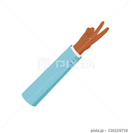 Flat hand gesture with two fingers raised. Black hand in a clothed arm making number two gesture. Iconic minimal pose for counting, math, or basic signals. Isolated signal perfect for education, Flat hand gesture with two fingers raised. Black hand in a clothed arm making number two gesture. Iconic minimal pose for counting, math, or basic signals. Isolated signal perfect for education, 136329758