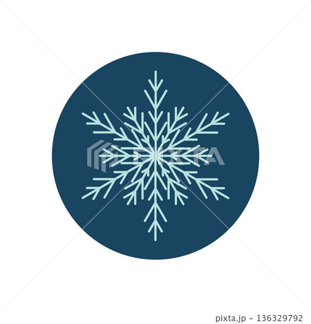 Round blue winter sticker with snowflake outline icon. White snow flake ornament for icy package seal and xmas delivery. Frozen chill, frost and cold add decorative element to holiday product. Round blue winter sticker with snowflake outline icon. White snow flake ornament for icy package seal and xmas delivery. Frozen chill, frost and cold add decorative element to holiday product. 136329792
