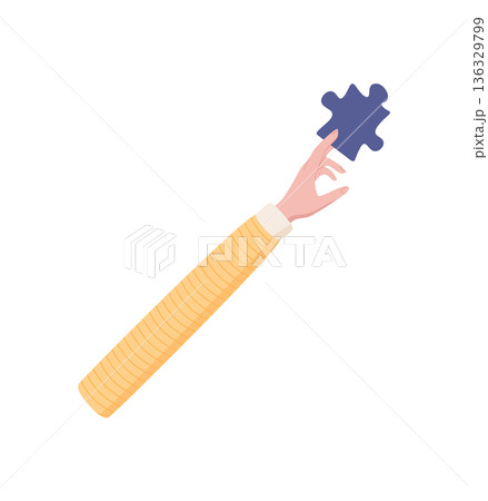 Flat hand with raised finger holding a puzzle piece symbol in a colorful abstract style. Human gesture conveying metaphor for solution and creative strategy. Modern art highlighting ideas for 136329799