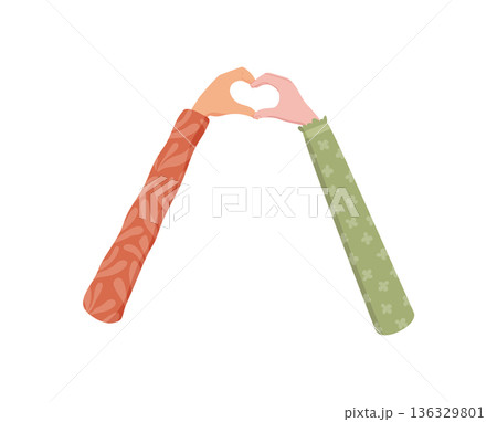 Flat artistic heart gesture formed by two hands. Hands of people symbolize love and friendship. Solidarity and support concept, colorful abstract symbol. Flat artistic heart gesture formed by two hands. Hands of people symbolize love and friendship. Solidarity and support concept, colorful abstract symbol. 136329801