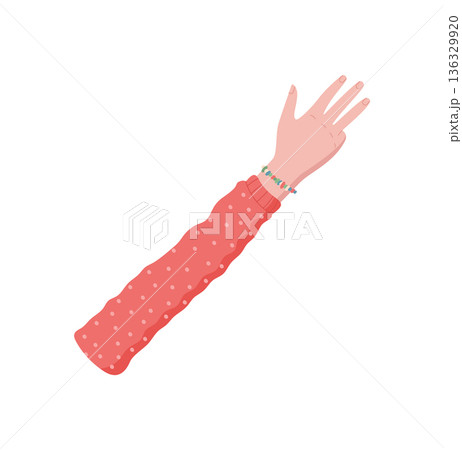 Flat cartoon hand gesture showing four fingers. Palm raised with gesture for counting, featuring clothed arm with sleeve. Concept for number recognition and educational materials. 136329920