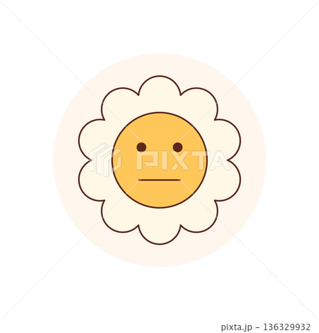 Retro groovy flower sticker with round yellow face in flat style. Circle label creates a playful seal for package or lid. Fun y2k symbol for cheerful packaging. Retro groovy flower sticker with round yellow face in flat style. Circle label creates a playful seal for package or lid. Fun y2k symbol for cheerful packaging. 136329932