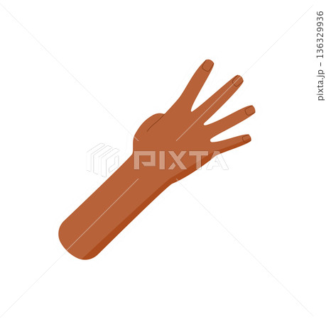 Flat human hand gesture showing number four with bare brown skin sticker. Fingers form the number four with extended open palm. Minimalist isolated concept, clean vector style, suitable for counting Flat human hand gesture showing number four with bare brown skin sticker. Fingers form the number four with extended open palm. Minimalist isolated concept, clean vector style, suitable for counting 136329936
