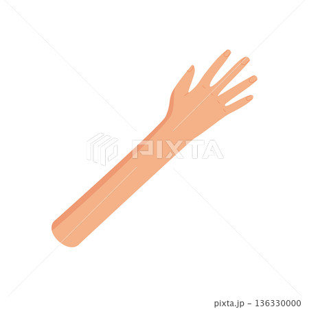 Flat colorful open hand with raised fingers. Creative human arm in symbolic gesture. Abstract cartoon shape for banners, templates, or poster designs in vibrant style. Flat colorful open hand with raised fingers. Creative human arm in symbolic gesture. Abstract cartoon shape for banners, templates, or poster designs in vibrant style. 136330000