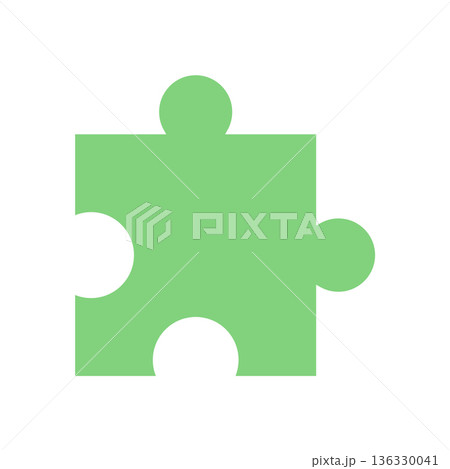 Flat green jigsaw puzzle piece silhouette. Simple hobby item for boardgame and table fun. Perfect for leisure, toy activities, and children entertainment in a flat style design. Flat green jigsaw puzzle piece silhouette. Simple hobby item for boardgame and table fun. Perfect for leisure, toy activities, and children entertainment in a flat style design. 136330041