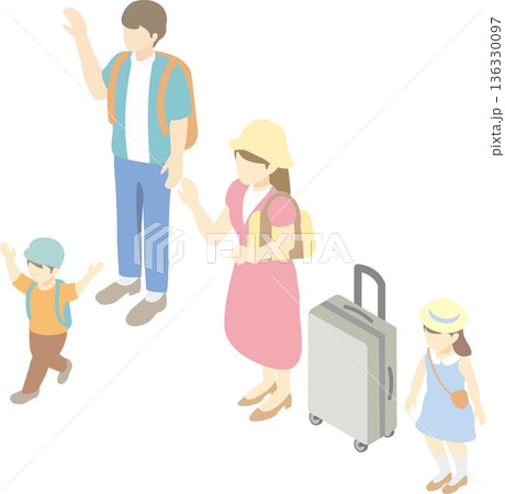 アイソメトリックで描いた家族旅行のイラスト。レジャー、観光、夏休み、国内旅行、海外旅行のイメージ 136330097