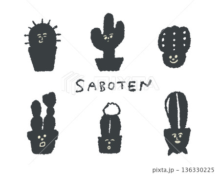 アイコンやシンボルマークとして、デザイン時に使いやすい表情豊かな手描きイラスト・サボテン 136330225