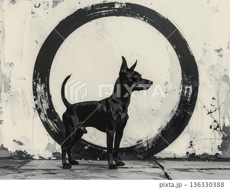墨円背景に佇む黒犬のミニマルアート写真 136330388