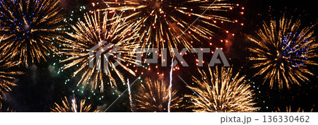 Banner Golden Firework celebrate anniversary independence day night time celebrate national holiday. Countdown 2024 party time event. Happy new year 2025 4th of july holiday festival with copy space Banner Golden Firework celebrate anniversary independence day night time celebrate national holiday. Countdown 2024 party time event. Happy new year 2025 4th of july holiday festival with copy space 136330462