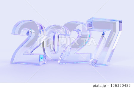 Happy New Year glass holographic number 2027 on pastel purple 3d background. Iridescent transparent digits, blue ice crystal type font for Christmas congratulation banner or calendar. 3D illustration Happy New Year glass holographic number 2027 on pastel purple 3d background. Iridescent transparent digits, blue ice crystal type font for Christmas congratulation banner or calendar. 3D illustration 136330483