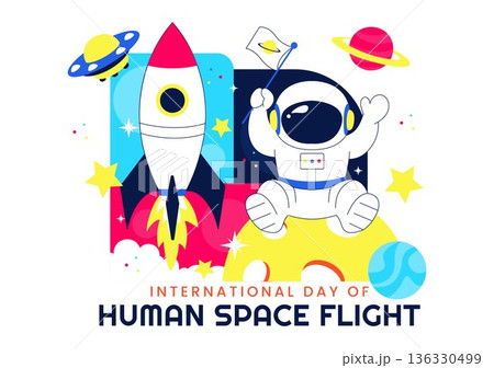 International Day Of Human Space Flight Vector Illustration On April 12 Featuring Astronaut Standing On Moon With Transmitter Satellites And Planets International Day Of Human Space Flight Vector Illustration On April 12 Featuring Astronaut Standing On Moon With Transmitter Satellites And Planets 136330499