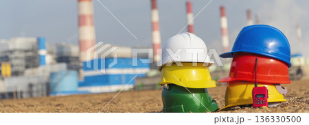 Banner Worker Hard hat Power stations manufacturing electrical industrial plant. Banner hard hat safety helmet power building refinery engineering safety Lignite electricity chimneys with copy space Banner Worker Hard hat Power stations manufacturing electrical industrial plant. Banner hard hat safety helmet power building refinery engineering safety Lignite electricity chimneys with copy space 136330500