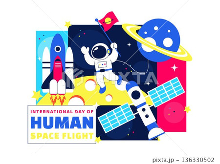 International Day Of Human Space Flight Vector Illustration On April 12 Featuring Astronaut Standing On Moon With Transmitter Satellites And Planets International Day Of Human Space Flight Vector Illustration On April 12 Featuring Astronaut Standing On Moon With Transmitter Satellites And Planets 136330502