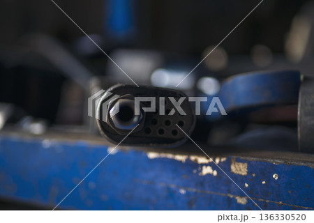 Mechanic tools engineering equipment car auto repair shop with copy space. Blurred background mechanical service. Heavy screw grungy rusted wrenches dirty screwdriver object. Industrial hardware set 136330520
