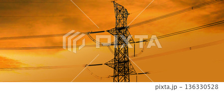 Banner High voltage pole electric wiring distribution landscape energy engineering. Electricity energetic sunset in countryside. Banner Electric power energy engineering industrial with copy space Banner High voltage pole electric wiring distribution landscape energy engineering. Electricity energetic sunset in countryside. Banner Electric power energy engineering industrial with copy space 136330528