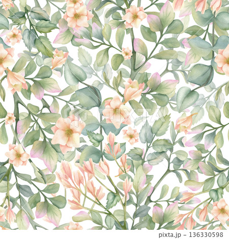 Seamless pattern with green leaves, freesia. Hand painted watercolor detailed garden greenery, delicate beige flowers. For eco branding, natural cosmetics packaging, home textiles, wallpaper Seamless pattern with green leaves, freesia. Hand painted watercolor detailed garden greenery, delicate beige flowers. For eco branding, natural cosmetics packaging, home textiles, wallpaper 136330598