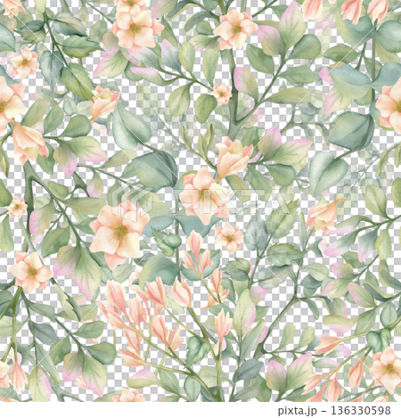 Seamless pattern with green leaves, freesia. Hand painted watercolor detailed garden greenery, delicate beige flowers. For eco branding, natural cosmetics packaging, home textiles, wallpaper Seamless pattern with green leaves, freesia. Hand painted watercolor detailed garden greenery, delicate beige flowers. For eco branding, natural cosmetics packaging, home textiles, wallpaper 136330598