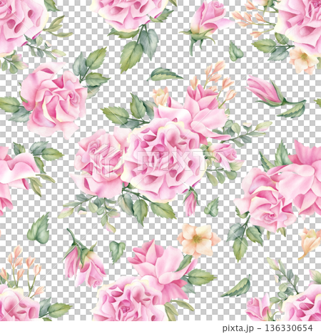 Pink rose seamless pattern, delicate floral watercolor composition with fresh flowers. Pastel color botanical beautiful spring Illustration, freesia isolated from background for packaging, textile 136330654