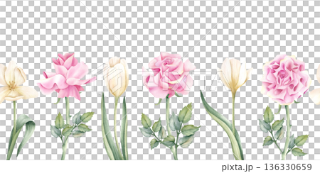 Floral spring seamless border. Watercolor Pink rose and white tulip flower. Hand drawn elegance botanical repeat art with leaves isolated from background. Wedding decoration, printing, textile design Floral spring seamless border. Watercolor Pink rose and white tulip flower. Hand drawn elegance botanical repeat art with leaves isolated from background. Wedding decoration, printing, textile design 136330659