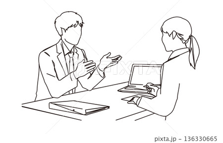 相談窓口で説明をする男性の線画イラスト素材 136330665