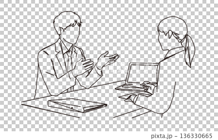 相談窓口で説明をする男性の線画イラスト素材 136330665