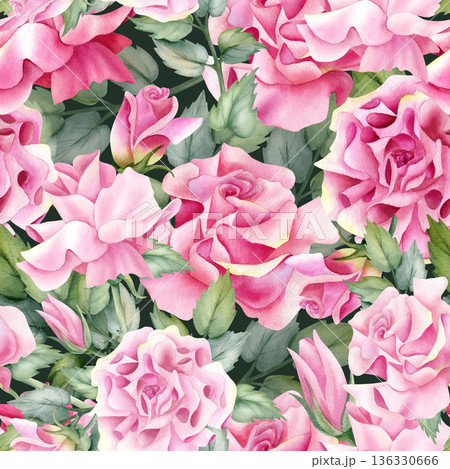 Bright Pink Watercolor Roses, Green Leaves seamless pattern. Beautiful floral background. Hand painted flowers, buds, lush bloom for wedding decor, wrapping paper, spring textile, feminine branding 136330666