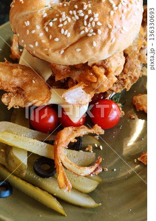 close up of hamburger with chicken  136330693