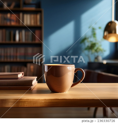 部屋の窓際に置かれた本とコーヒー 136330716