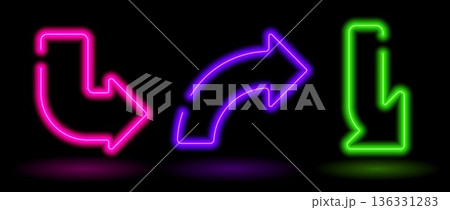 Bright neon curved arrow element. Glowing led direction sign. Shine tube lamps in arrowhead shape. Luminous fluorescent pointer effect for banner, poster, logo. Vector neon led light illustration 136331283