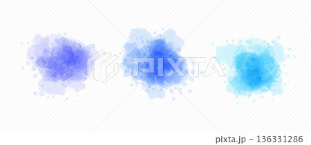 Blue hues blobs set in watercolor style. Soft liquid watercolour texture splash effects. Round dry ink or paint brush shape elements. Vector shades of blue wet color splatters, spots, stains, drops 136331286