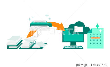 OCRで書類業務を自動化するペーパーレス化の図解イラスト 業務フローとDXの説明素材 OCRで書類業務を自動化するペーパーレス化の図解イラスト 業務フローとDXの説明素材 136331469