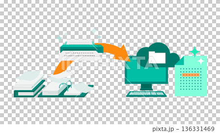 OCRで書類業務を自動化するペーパーレス化の図解イラスト 業務フローとDXの説明素材 OCRで書類業務を自動化するペーパーレス化の図解イラスト 業務フローとDXの説明素材 136331469