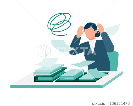 書類が山積みで困る事務員のイラスト 未処理業務とバックオフィスの課題表現 136331470