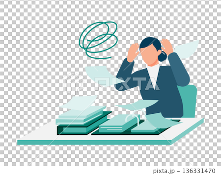 書類が山積みで困る事務員のイラスト 未処理業務とバックオフィスの課題表現 136331470